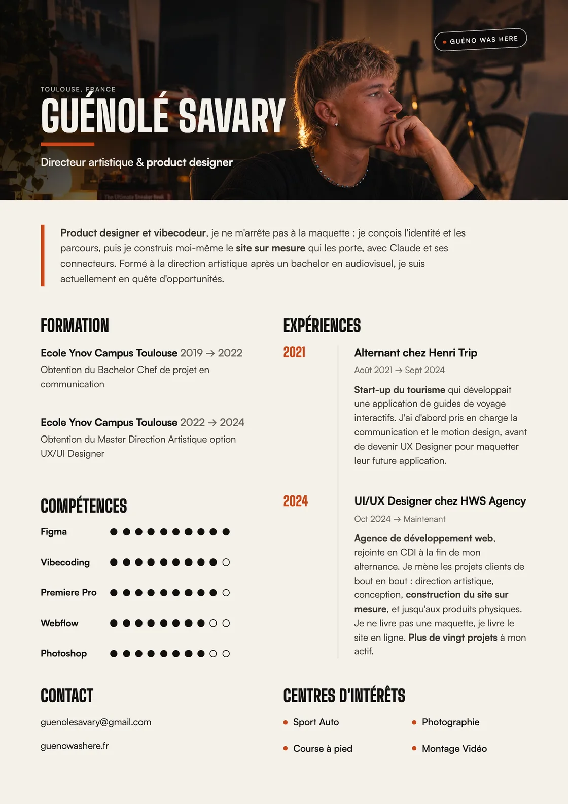 Curriculum vitæ de Guénolé Savary : directeur artistique et product designer, formation Ynov Toulouse, alternance chez Henri Trip puis UI/UX Designer chez HWS Agency, compétences Vibecoding, Figma, Webflow, Automatisation et Photoshop.
